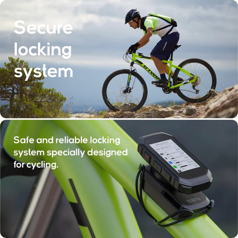 Cyclist using Top Tube MTB Mount For Mountain Bikes, Sturdy Bike Computer Rig For Garmin Edge And Wahoo ELEMNT, three mounting options
