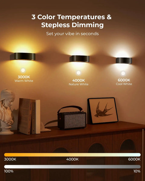 Motion Sensor Wall Light With 5000Mah Battery And Remote Featuring 15 Rgb And Three Warm Modes Dimmable Wireless Sconces on wall displaying three color temperatures.