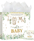 13 Inch Large Baby Gift Bag With Tissue Paper Greeting Card And Handle All In One Baby Shower Gift Set For Boys And Girls Green Birthday Parties