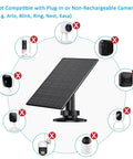 2 Pack Outdoor Solar Panel For Security Cameras With USB And USB C Charger on adjustable mount, surrounded by incompatible camera icons.