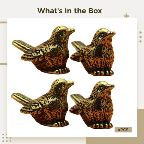Brass Sparrow Hinge Heads Set Of Four Vintage Bird Figurines, miniature sparrow toppers in solid brass with lifelike feather detailing.