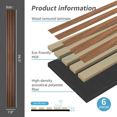 Top Shelf Six Pack Soundproof Wood Slat Wall Panels Featuring Badass Acoustic Dampening To Level Up Room Vibes And Muffle Street Noise Sleek Walnut Finish For Studios Or Home Offices, showing size 7.9 x 94.5 in.