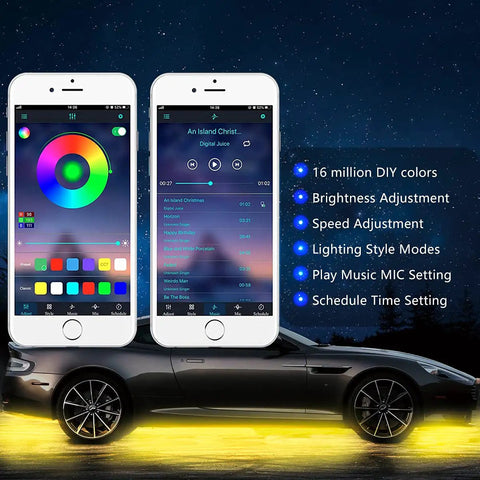 Two smartphones showing app controls for RGB Car Underglow Kit With App And RF Remote, IP67 Waterproof, 16 Million Color LED Strips.