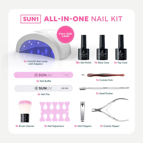 Gel Nail Polish Kit With UV Light For At Home Manicure featuring lamp, 12 gel colors, base and top coat, nail tools shown