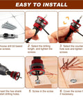 Badass Seven Piece Countersink Drill Bits Kit Featuring Four Flute HSS Tapered Heads And Adjustable Aluminum Depth Stop Collar For Sweet Softwood Cutting Plus Hex Shank Adapter And Rugged Carrying Case installation steps demonstrating drill bit selection and adjustment tools.