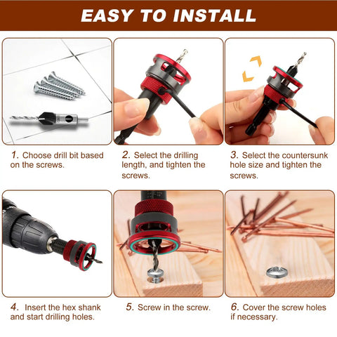 Badass Seven Piece Countersink Drill Bits Kit Featuring Four Flute HSS Tapered Heads And Adjustable Aluminum Depth Stop Collar For Sweet Softwood Cutting Plus Hex Shank Adapter And Rugged Carrying Case installation steps demonstrating drill bit selection and adjustment tools.