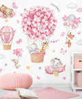 Cute Animal Wall Stickers Set With Hot Air Balloon Elephant Giraffe Bear And Airplane Designs For Girls Room Nursery Baby Bedroom Easy Peel And Stick Waterproof PVC Decals, featuring pink floral hot air balloon, elephant, and giraffe.