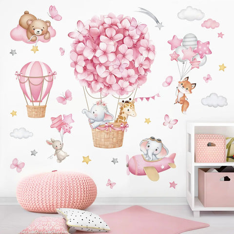 Cute Animal Wall Stickers Set With Hot Air Balloon Elephant Giraffe Bear And Airplane Designs For Girls Room Nursery Baby Bedroom Easy Peel And Stick Waterproof PVC Decals, featuring pink floral hot air balloon, elephant, and giraffe.