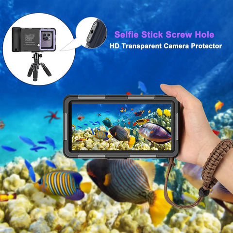 Underwater Phone Case For Snorkeling And Diving 50 Feet Waterproof Protector For iPhone 17 16 15 14 13 12 Pro Max And Galaxy S25 S24 S23 S22 Ultra Plus Beast Mode Photo Video Scuba Housing Purple Black used underwater showing vibrant fish and coral