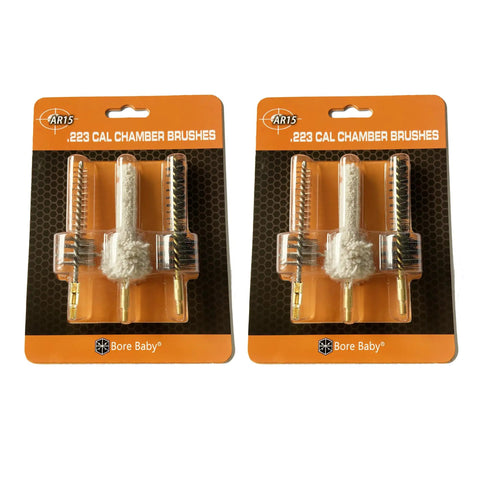 AR Chamber Cleaning Kit Six Pack Pro Grade Brush Set With Bronze Nylon And Mop For 223 Caliber And 5.56 AR15 Chambers 8 32 Threads Fast Easy Bore Maintenance And Safe Gas System Cleaning For Efficient AR Cleaning And Long Lasting Chamber Care. dual .223 cal chamber brush packs in orange blister packaging