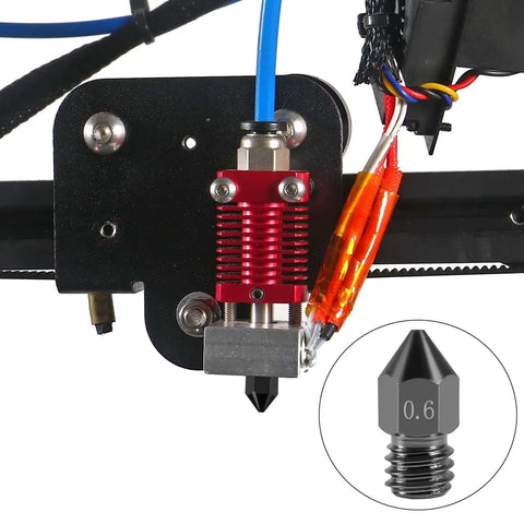 Five Pack 0.6mm Hardened Steel MK8 Nozzles For 3D Printing, shown installed with close-up of single nozzle