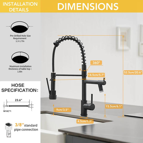 Dimensions diagram of 20 Inch Matte Black Kitchen Faucet With Pull Down Sprayer And Pot Filler Dual Spout LED Single Handle 360 Degree Swivel