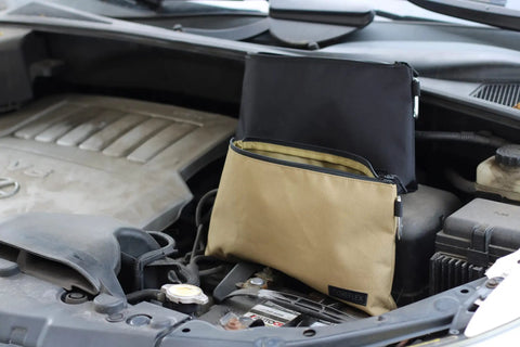 Heavy Duty Tool Pouch Set Large 12 Inch Zipper Bags With Flat Bottom YKK Zippers 3 Pack Multipurpose Canvas Organizer on car engine