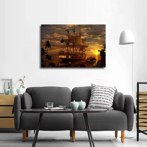 Coastal Sunset Sailboat Canvas Art Print For Your Living Room And Bedroom Wall Decor With That Seaside Viking Ship Vibe Beach Scene Poster Unframed 20x30 Inch displayed on a living room wall