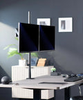 Extra Tall Dual Monitor Stand Swivels Smoothly For Screens Up To 32 Inches with dual monitors set in a stylish office.