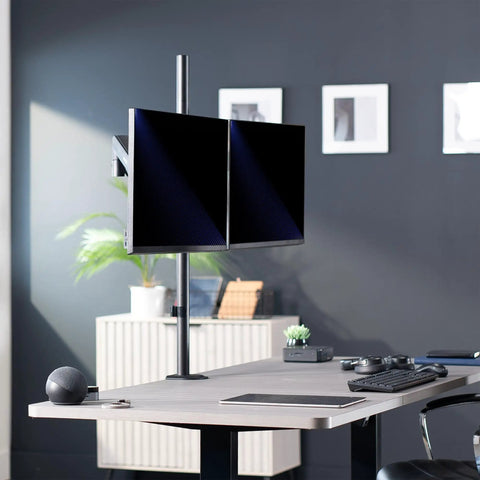 Extra Tall Dual Monitor Stand Swivels Smoothly For Screens Up To 32 Inches with dual monitors set in a stylish office.