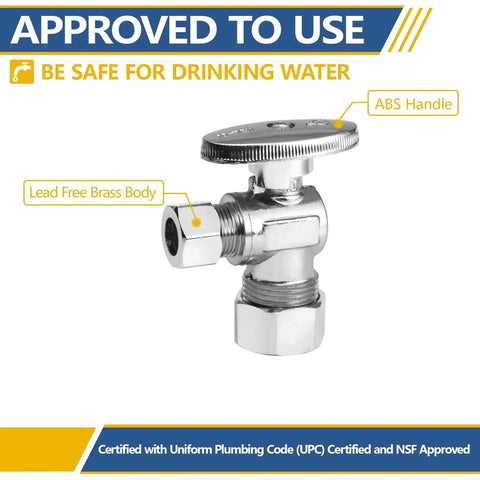 Angle Stop Valve One Quarter Turn Water Shut Off Valve, Twenty Pack, Lead Free Brass with Chrome Finish, Compression Inlet Five Eighths Inch to Half Inch Pipes, UPC Certified, Built To Last And Super Easy To Install, lead-free brass angle valve with ABS handle