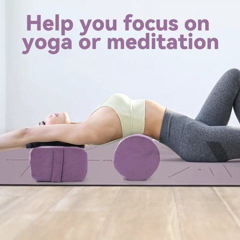 Ultra Plush Velvet Yoga Bolster Set With High Density Foam Cushions For Restorative Yoga And Meditation Rectangular And Cylindrical Meditation Cushions For Super Cozy Ultimate Comfort. Purple velvet set with rectangular and cylindrical bolsters for yoga and meditation.