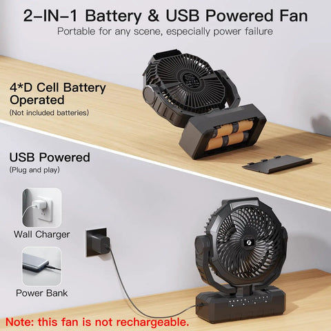 2 In 1 D Cell And USB Powered Fan For Outdoors Portable Battery Operated Fan With 4 Speeds Light Timer And Remote