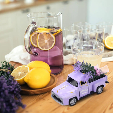 Mini Lavender Metal Truck With Lavender Bouquet Farmhouse Decor Vintage Purple Pickup Tiered Tray Accent on kitchen table