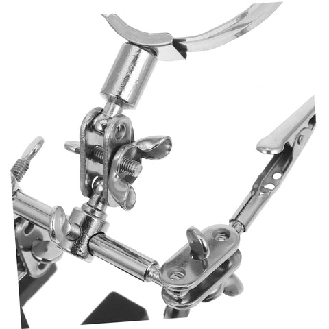 Close-up of Adjustable Third Hand Soldering Station with Magnifying Glass and Dual Alligator Clips for PCB Repair and Jewelry Making