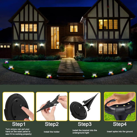 8 Pack Solar Ground Lights Deliver Lit Yard Glow with multicolor LEDs illuminating pathway and installation steps shown
