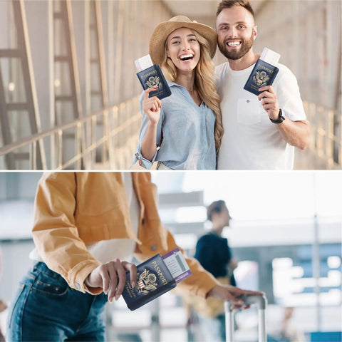 Couple holding RFID Blocking Passport Holder Travel Wallet With Vaccine Card Slot Waterproof Leather US Passport Cover 3D Eagle Emblem