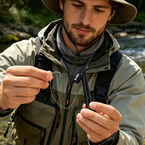 Angler using Magnetic Fly Threader For Fly Fishing Leader Stringing And Knotting Tools by a river, threading hook with ease.