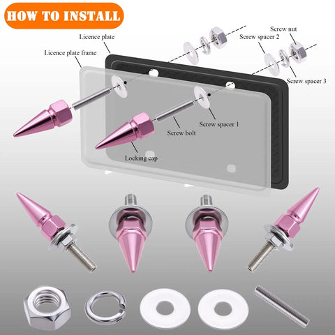 Dope Spiked License Plate Screws Fasteners Kit For Cars Trucks And Motorcycles Decorative Pink Anti Theft Stainless Steel Diagram