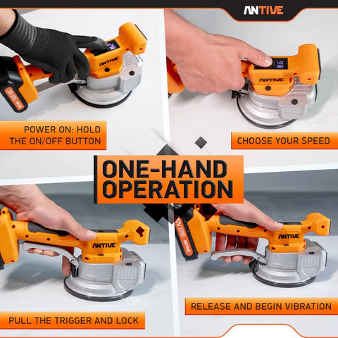 Cordless Tile Vibration Tool Kit With Dual 20V Batteries showing one-hand operation steps
