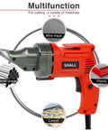 Electric Metal Cutting Shear For 14 Gauge Steel And 16 Gauge Stainless, 4.0 Amp Corded Cutter shown with multifunction uses