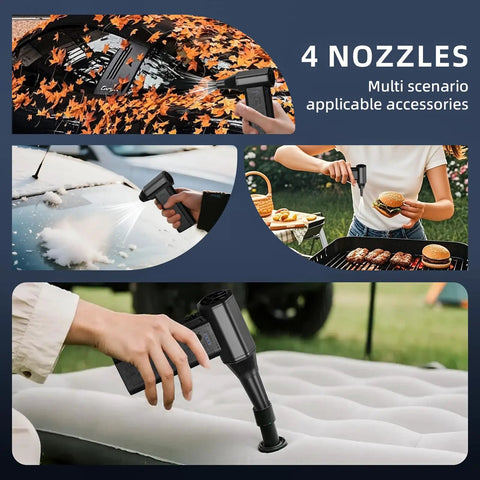 Cordless Air Duster 150000 RPM Turbo Power Mini Handheld Blower with 4 nozzles cleaning leaves, inflating cushions, and more.