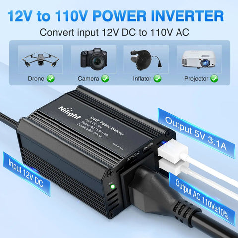 Road Ready 150 Watt Car Power Inverter Plugs Straight Into Cigarette Lighter To Crank Out 12V DC To 110V AC With Dual 3.1A USB Ports And Standard Outlet For Solid Everyday Charging On The Fly.