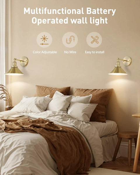 Gold Vintage Wireless Battery Operated Wall Sconces Set Of 2 With Remote Control Cordless LED Wall Lights in a bedroom setting