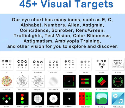 Digital Visual Acuity Eye Chart For TV And Monitor, 4K Vision Tester With Auto Randomize And Mirror Modes, icons and visual targets