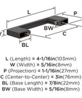 Diagram of Oil Rubbed Bronze Cabinet Pull 3 Inch Center To Center 4 1/16 Inch Overall Length Cityscape Collection with measurements