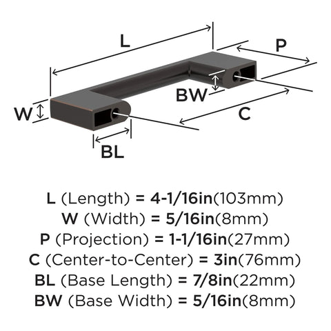 Diagram of Oil Rubbed Bronze Cabinet Pull 3 Inch Center To Center 4 1/16 Inch Overall Length Cityscape Collection with measurements