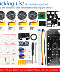 Front view of Freenove Mecanum Wheel Car Kit packing list: four wheels, motors, control board, brackets, screws, cables.