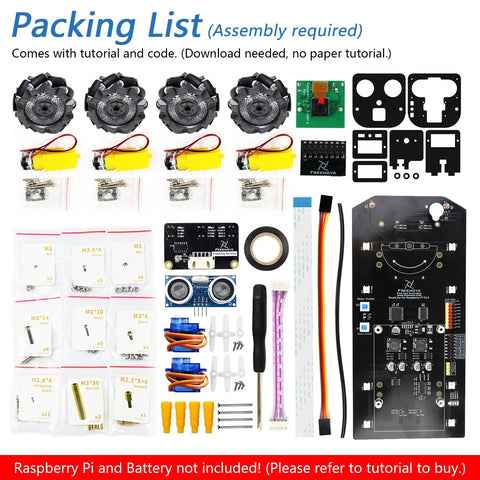 Front view of Freenove Mecanum Wheel Car Kit packing list: four wheels, motors, control board, brackets, screws, cables.