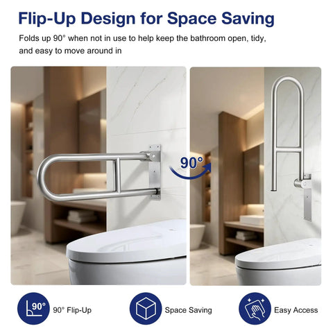Foldable Toilet Grab Bar 24 Inch Stainless Steel Handrail Heavy Duty Bathroom Safety Rail with 90° flip-up design for space saving.
