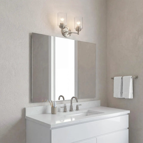 Winslow 12.75-Inch Vanity Light In Brushed Nickel, 2-Light Transitional Bathroom Fixture With Clear Seeded Glass above mirror
