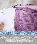 Six Piece Plastic Notched Glue Spreader Kit With Half And One Inch Teeth For Epoxy Resin Putty Hardwood Flooring Smooth Glide Design Reusable Spreaders used for smoothing frosting on a purple cake.