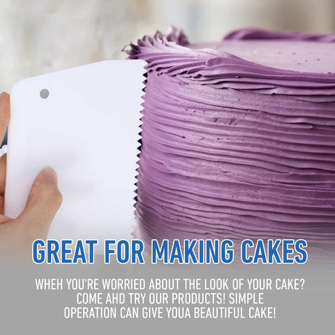 Six Piece Plastic Notched Glue Spreader Kit With Half And One Inch Teeth For Epoxy Resin Putty Hardwood Flooring Smooth Glide Design Reusable Spreaders used for smoothing frosting on a purple cake.
