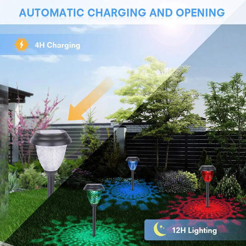 8 Pack Solar Pathway Lights With Warm White And 7 Color Changing Modes illuminating a garden with multicolor projections.