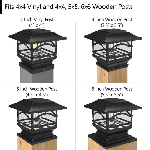 Solar Post Cap Lights Edison Style For Outdoor Posts 4x4 5x5 6x6 LED Warm White Auto On At Dusk attached to wooden posts