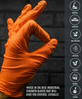 Orange nitrile disposable glove, large, 8 mil, diamond-textured grip on hand