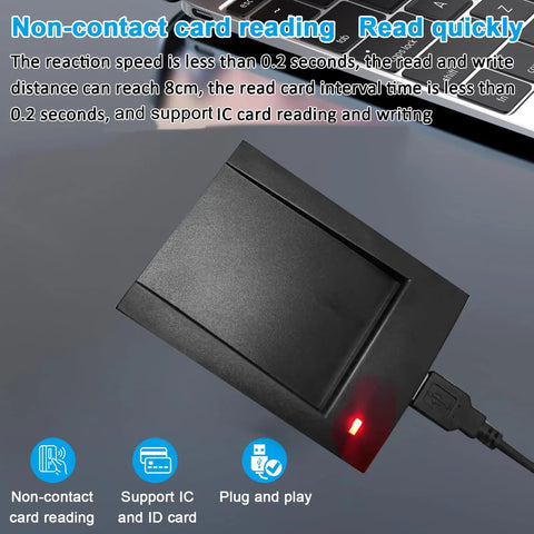 Dual Band 125KHz And 13.56MHz RFID Card Reader USB NFC connected to PC with indicator light on, showing contactless capability.