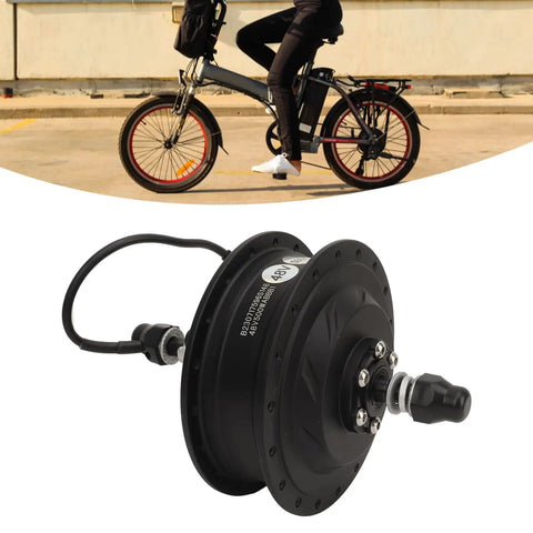 48V 500W Rear Drive Ebike Hub Motor with Brushless Design, Waterproof Metal Housing, detail view against bicycle in background.
