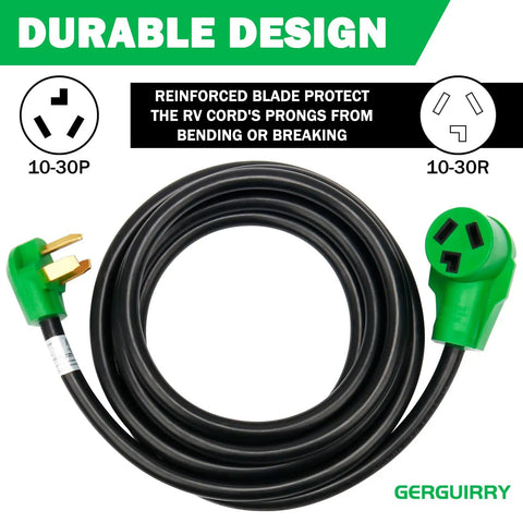 15 Foot 3 Prong Dryer Extension Cord 30 Amp NEMA 10-30P to 10-30R with green connectors, coiled view