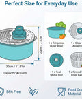 Electric Salad Spinner And Produce Washer To Wash And Spin Dry Leafy Greens Berries Or Fresh Veggies Fast With A Steady Non Slip Base That Makes Kitchen Cooking And Cleanup Totally Hassle Free In Blue, showing size and component details.